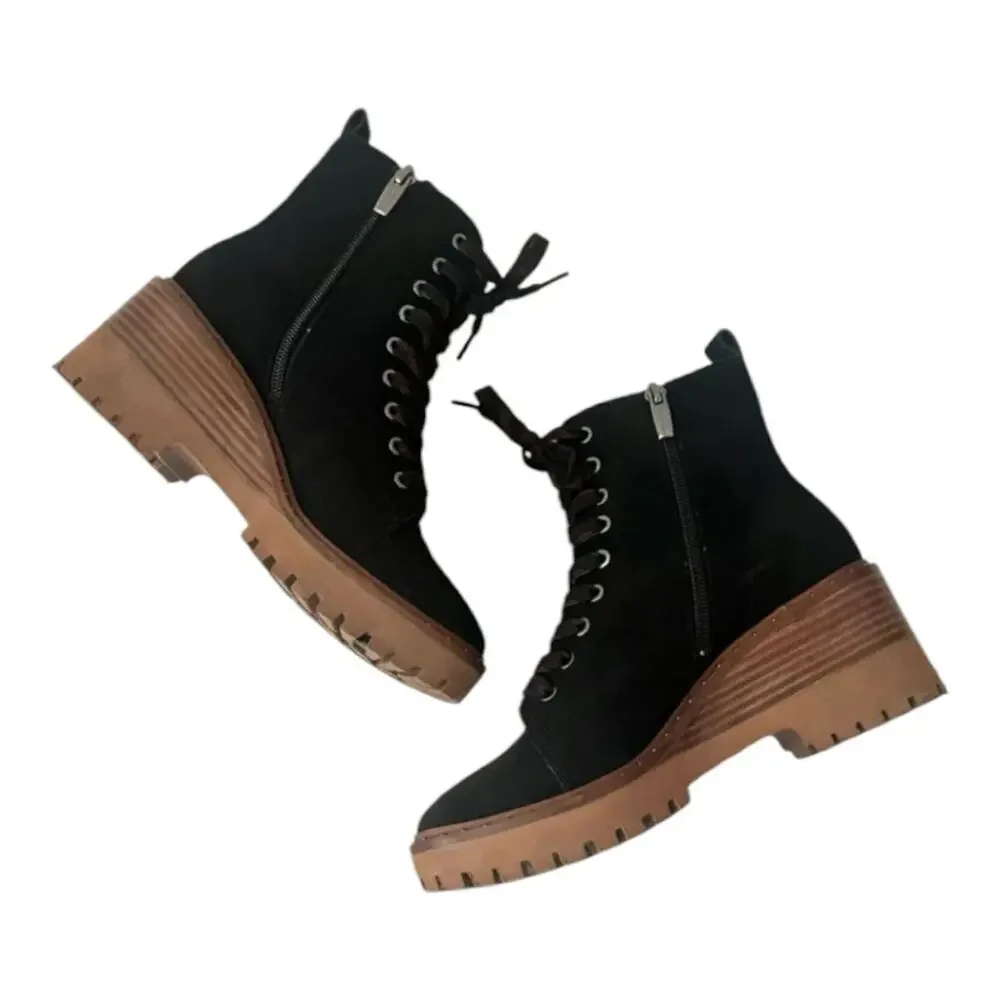 Vince Camuto Debsen Black Suede Croc Lug Sole Platform Combat Boot Lace Up 8.5